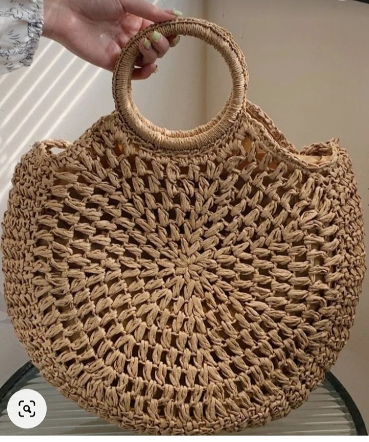 کیف دستی گرد  زنانه دست بافت رافیا نواری ترک